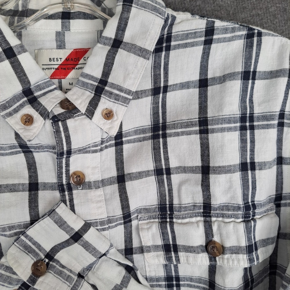 Best Made Co Shirt Mens Medium Linen Cotton Blend White Black Button Down Plaid